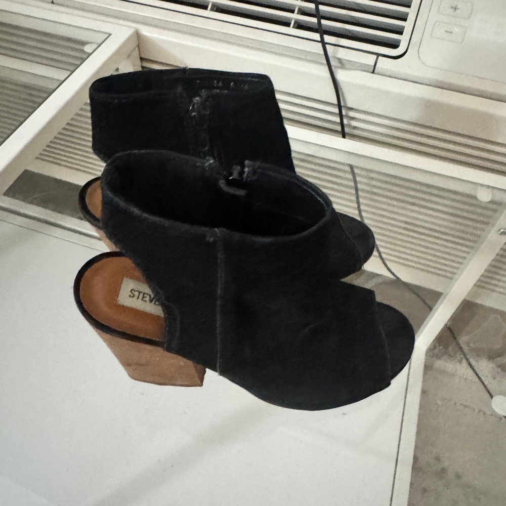 Steve Madden Black and Brown Peep-Toe Heeled Boots